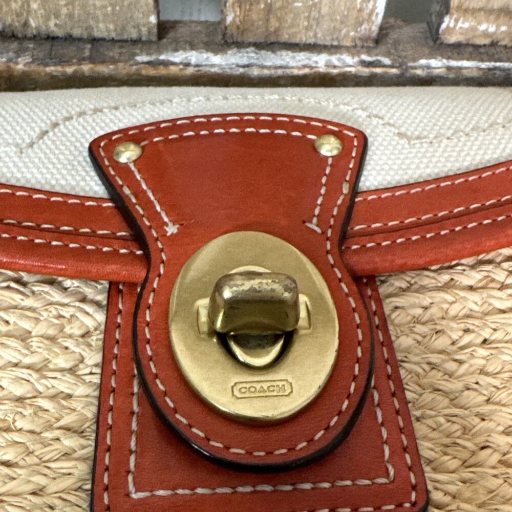 Coach Straw Leather Burnt Red Clutch Wristlet With Turnlock - Picture 4 of 12